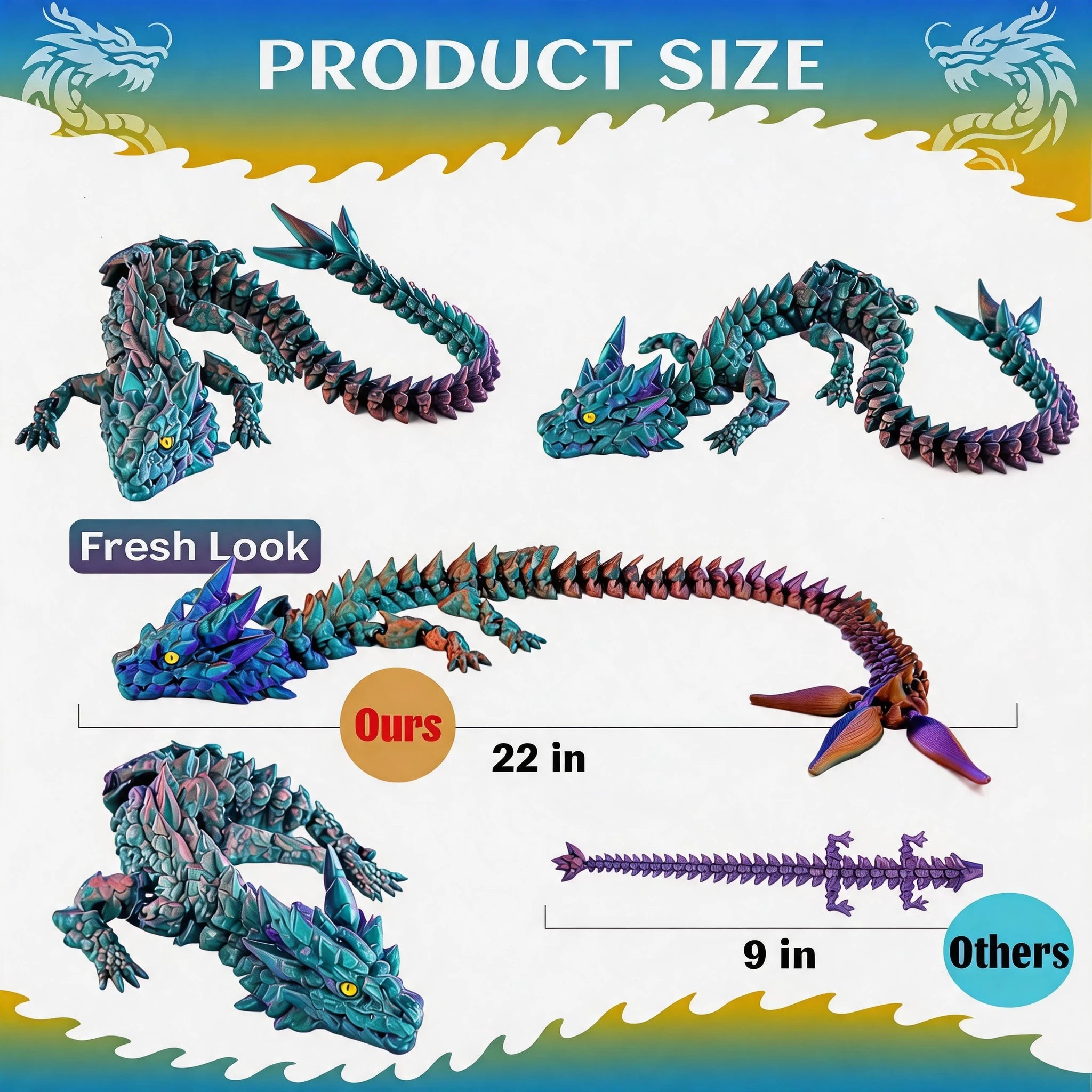 Colorful 3D printed articulated Dragon size chart